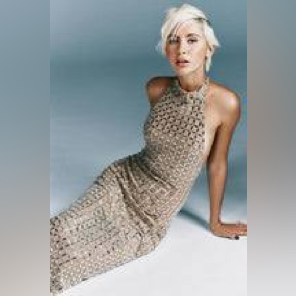 Zara sparkly mesh embellished studded halter long dress with back slit sz.S - Picture 5 of 16